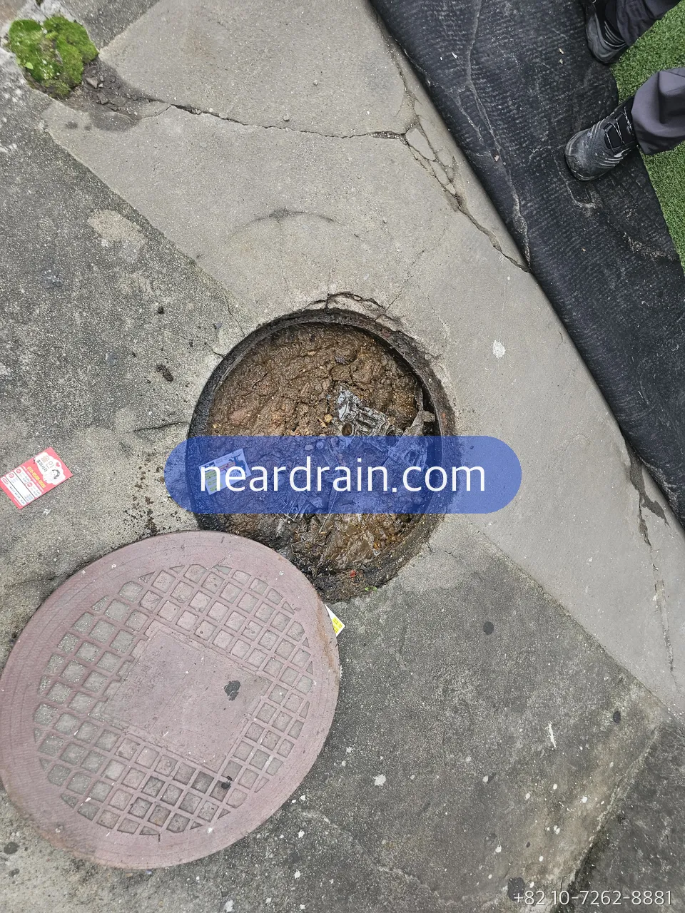 Round rain gully in a paved yard with the cover lifted, silt packed to the top