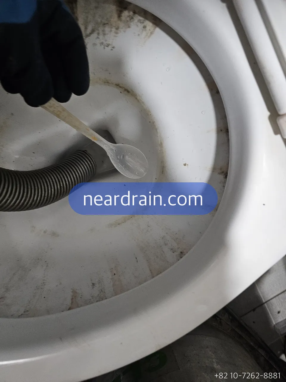 Gloved hand feeding a spring auger cable into a toilet bowl from above, toilet still bolted to the floor